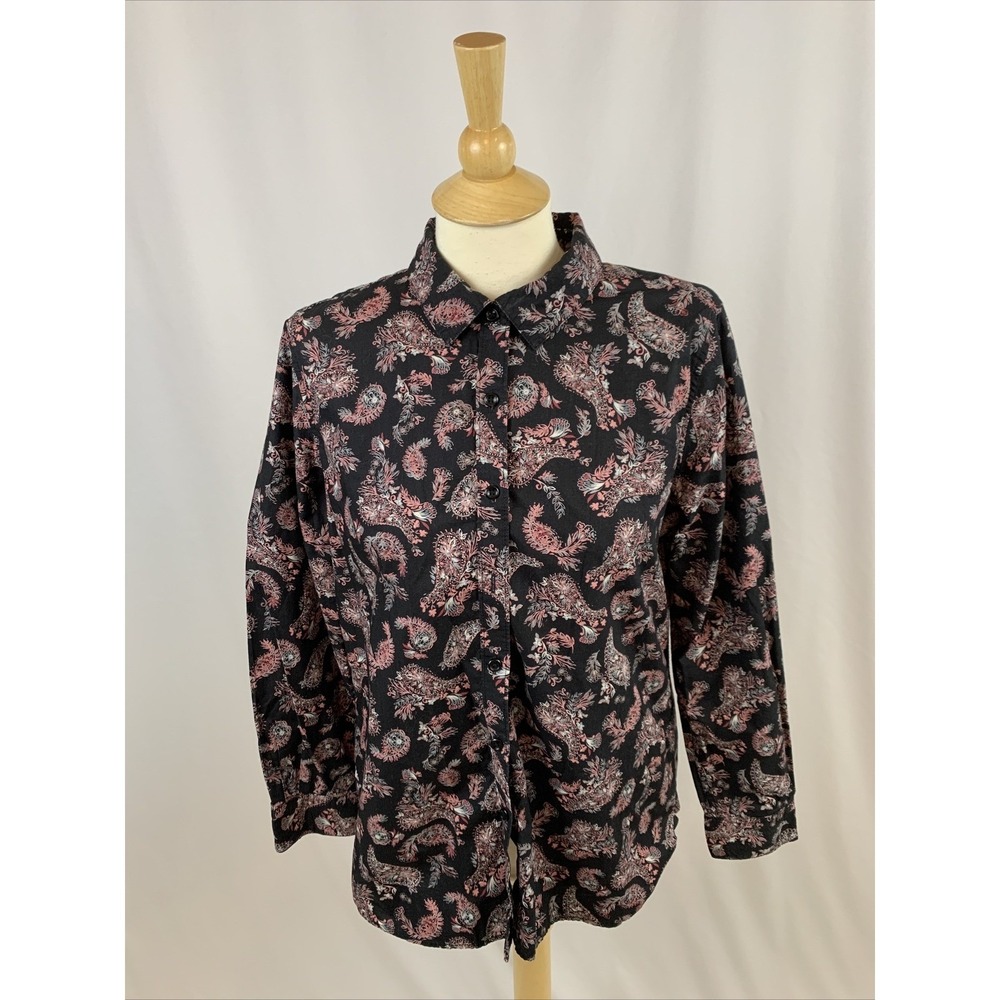 Garnet Hill Womens Paisley Floral Button Up Shirt Size‎ 8 Organic Cotton Black